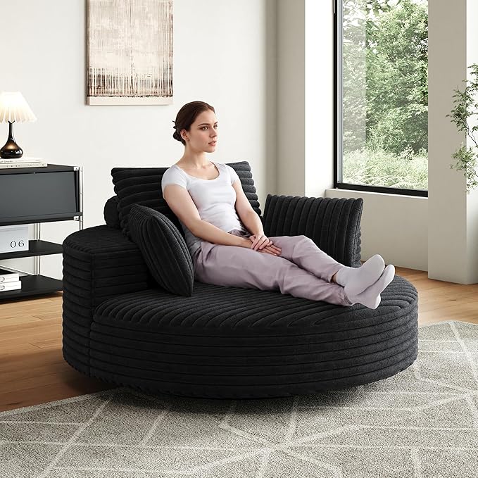 KEIKI 55 Oversized 360 Degree Swivel Chair Large Barrel Chairs Upholstered Round Swivel Chair Corduroy Single Sofa Armchair Sleeper Chair for Living Room Lounge Black