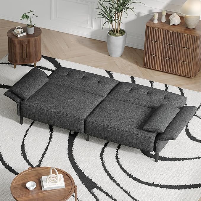 89” Futon Sofa BedComfy Futon Couch Bed with 2 Square PillowsConvertible Sleeper Sofa with Adjustable Backrest&amp Armrests Modern Loveseat Sleeper for Living Room Bedroom Linen Dark Gray