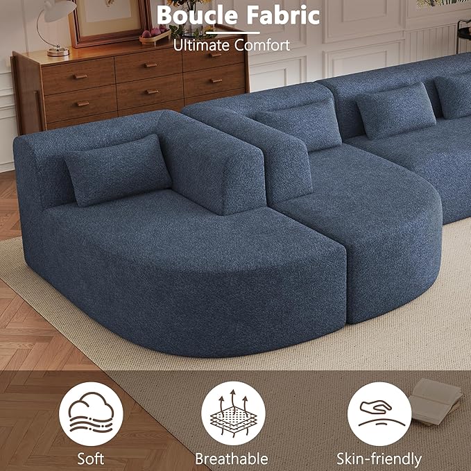 Modern 143.7 Upholstered Sectional SofaFree-Combined Sofa Couch with Two Chaise Lounge and Five Back Pillowsfor Living Room Bedroom (Blue#4)
