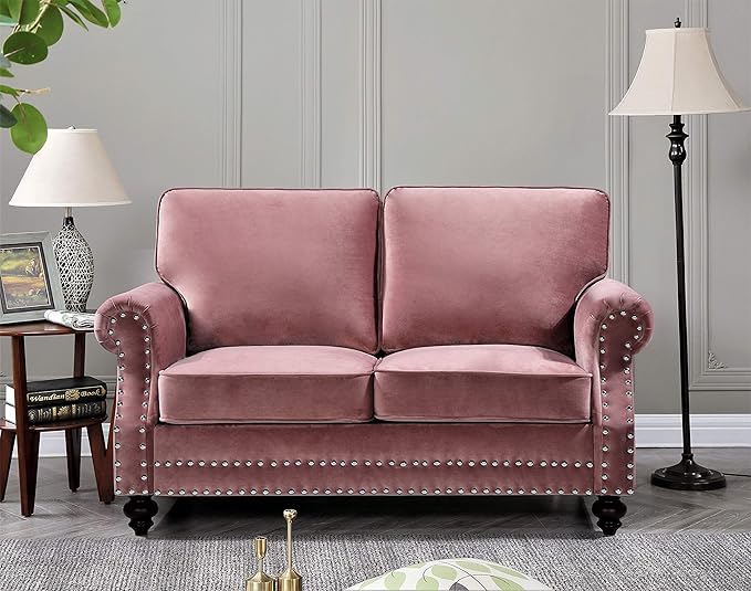 Lotus Mid Century Modern Velvet Upholstered Living Room Rolled Arms Loveseat Rose