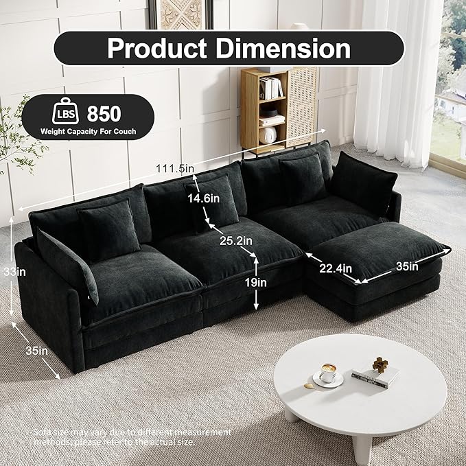 Modular Sectional Sofa 111.5 Inch L-Shaped Cloud Sofa with Deep Seat Chenille Sofa with Cushions Three-Self Sectional Sofa for Living Room ApartmentBlack