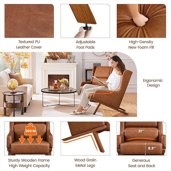 Yaheetech Brown Accent Chair PU Leather Armchair High Wide Backrest Oversized Recliner Chair Thick Seat Cushion for Office Reception Room Reading Nook Brown