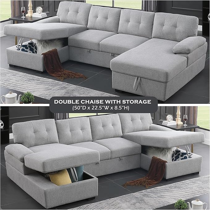 BEEY Sectional Sleeper Sofa 120 Oversized Couch Bed 4 Seat Sofa Bed U Shaped Sectional Couch with Pull Out Bed and Double Storage Chaise for Living Room Bedroom Light Grey