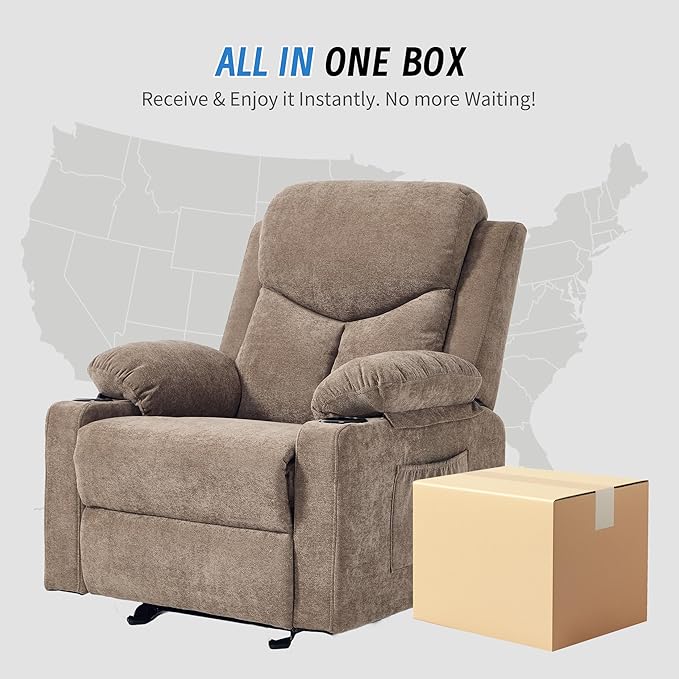Manual Rocker Recliner Chair for Adults with Vibration MassageGlider Rocking Recliner Chairs for Living Room Bedroom Overstuffed Reclining Sofa Chair with Pockets and Cup Holds (Coffee)