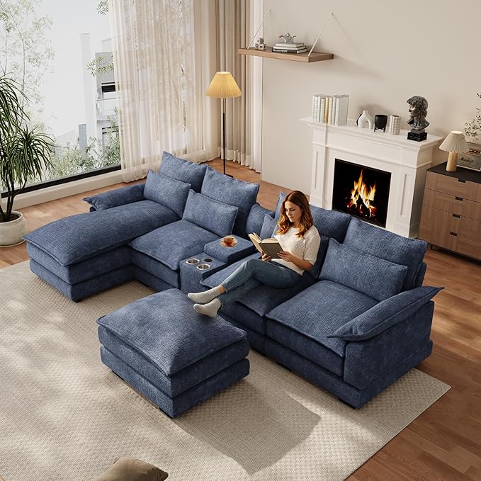 OUYESSIR 135 U Shaped Sectional Cloud CouchBlue Sectional Couches for Living RoomComfy Fluffy Chenille Oversized Cloud CouchModular Sectional Sofa with Central Console &amp Double Chaise Lounge