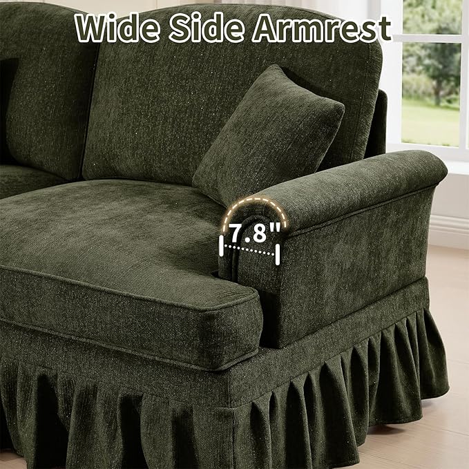 Rovibek 107” L Shaped Couch Chenille Midcentury Modern Sofa with Detachable Ruffle Hem Sectional Couches for Living Room with Throw Pillows &amp Ottoman Green