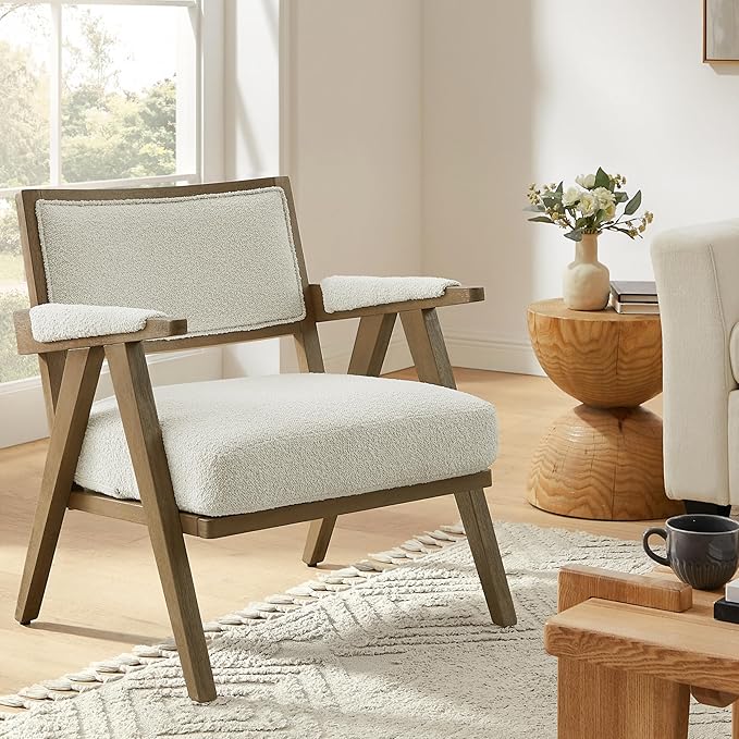 Art Leon Mid-Century Modern Living Room Chair - Faux Shearling Upholstered Accent Chair with Solid Wood Frame 265lb Weight Capacity Comfortable Seating for Living Room Bedroom White