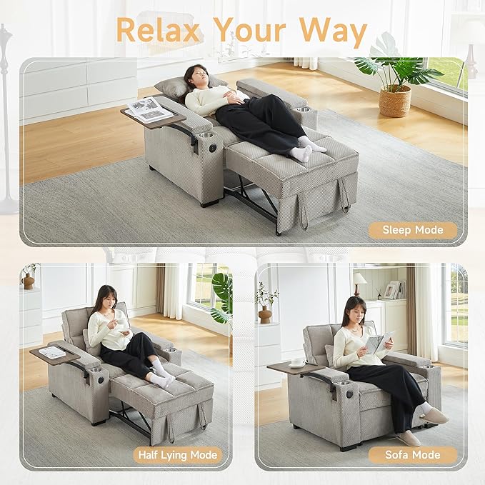 Large Size Convertible Sleeper Chair Futon Sofa Bed Comfortable Thick Cushion Single Sleeper Sofa Handheld Storage and Adjustable Backrest | Reading Chair with Rotating Small Table (Khaki)