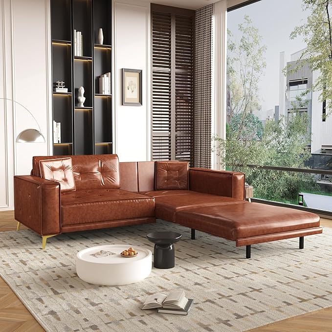 92.1King Size Pull Out Sofa Bed 3-in-1 Faux Leather Convertible Sleeper Sofa with Ultra Wide Armrests Tufted Modern Sofa with 2 Pillows for Bedroom Living Room (Orange Brown 92.1inch)