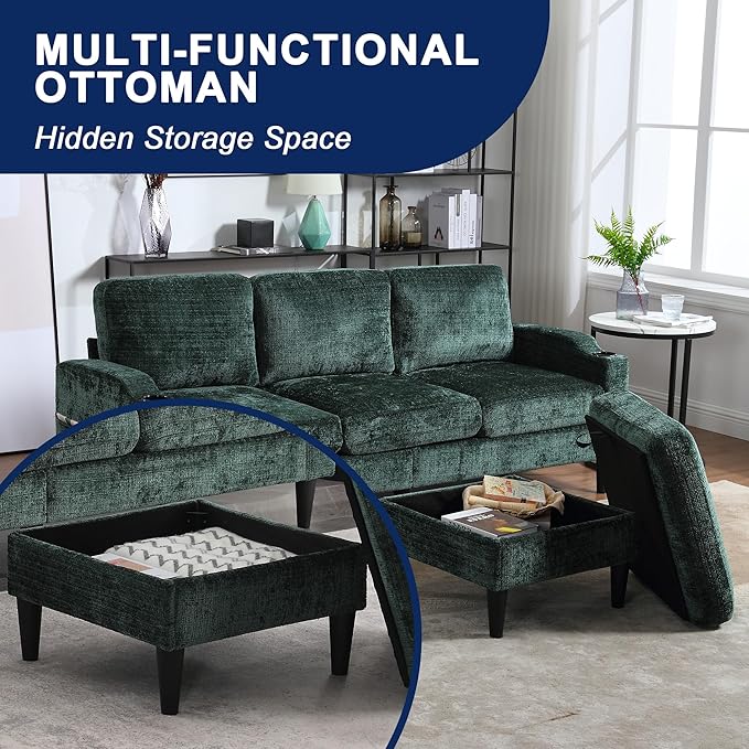 3 Seater Sectional Couch L Shaped Modular Couch with Solid Wood Frame Small Sofa with Storage Ottoman &amp Cup Holder &amp Side Pocket for Apartment Game Room Dormitory Room (Emerald)