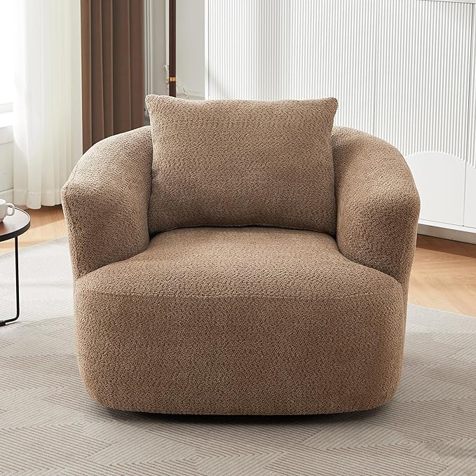 360° Swivel Chair 38.2 Accent Chair Sofa Chenille Upholstered Swivel Barrel Sofa Chair with a Throw Pillow for Living Room Bedroom Office and Hotel (Dark Brown@52)