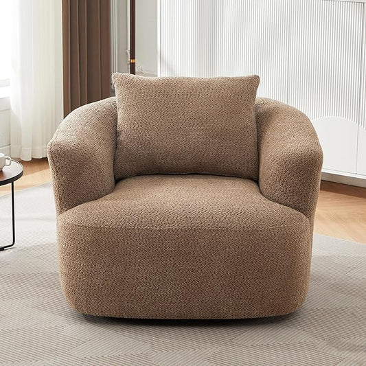 360° Swivel Chair 38.2 Accent Chair Sofa Chenille Upholstered Swivel Barrel Sofa Chair with a Throw Pillow for Living Room Bedroom Office and Hotel (Dark Brown@52)