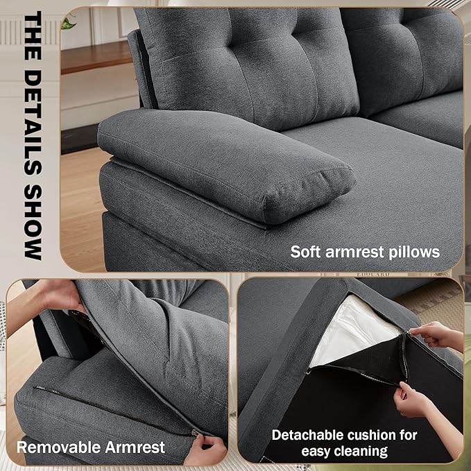111 Sectional Couch for Living Room Modern Polyester Fibre U Shaped Sofa Couches with Double Chaise Upholstered 4 Seater Sofa for Living Room Apartment Office Dark Grey