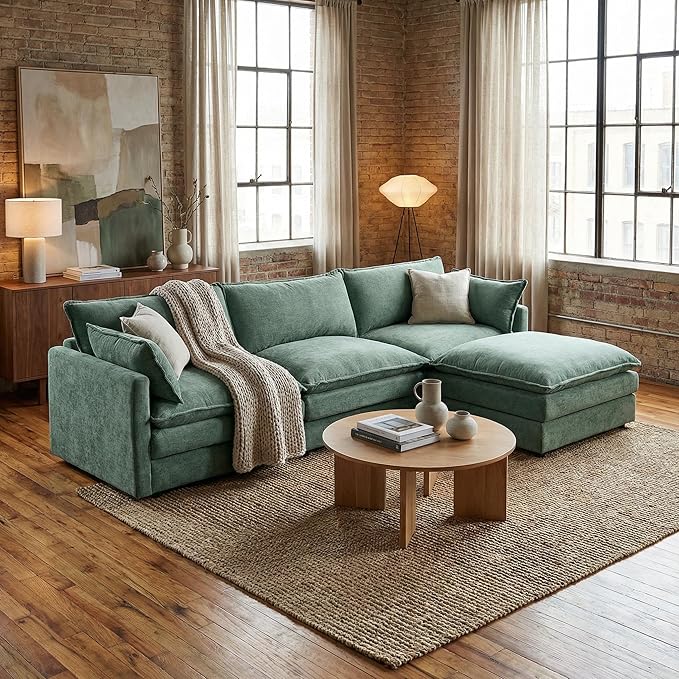 Homy Casa 102 Inch L Shaped Couch Set3-Seat Sectional Sofa with Chaise Comfortable Chenille Fabric Removable Cushions Ottoman DIY CombinationModern Design for Living/Family Room (Mint Green)