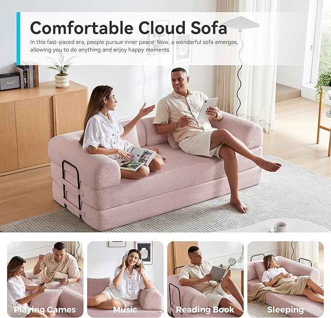Compression Sofa Cloud Sectional SofaSofa Bed Boneless Modular Sectional Sofa with 2 Pillow Comfy Fluffy Couch with Futon Bed Perfect for Living Room Small Space