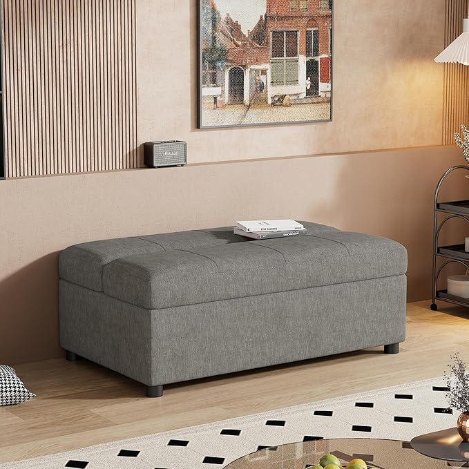 Folding Ottoman Sleeper Bed with Mattress Wood Legs and Chenille Fabric Convertible Chair into Sofa Bed Pull Out Ottoman Lounge for Small Space (Dark Gray * 9)