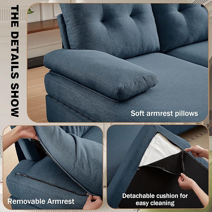 111 Sectional Couch for Living Room Modern Polyester Fibre U Shaped Sofa Couches with Double Chaise Upholstered 4 Seater Sofa for Living Room Apartment Office Blue
