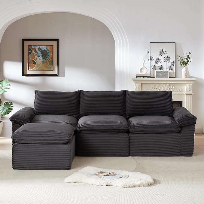 DEINPPA L Shape Modular Couch with Ottoman 4 Seat Cloud Sofa with Deep Seat for Living Room Apartment Corduroy Upholstered Comfy Couch-Dark Gray