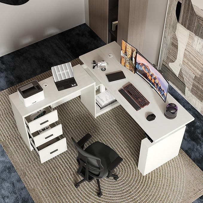 WOODTIME L Shaped Electric Standing Desk with Door &amp 3 Drawers Height Adjustable Home Office Computer Desk 63 L Stand up Corner Table Beige