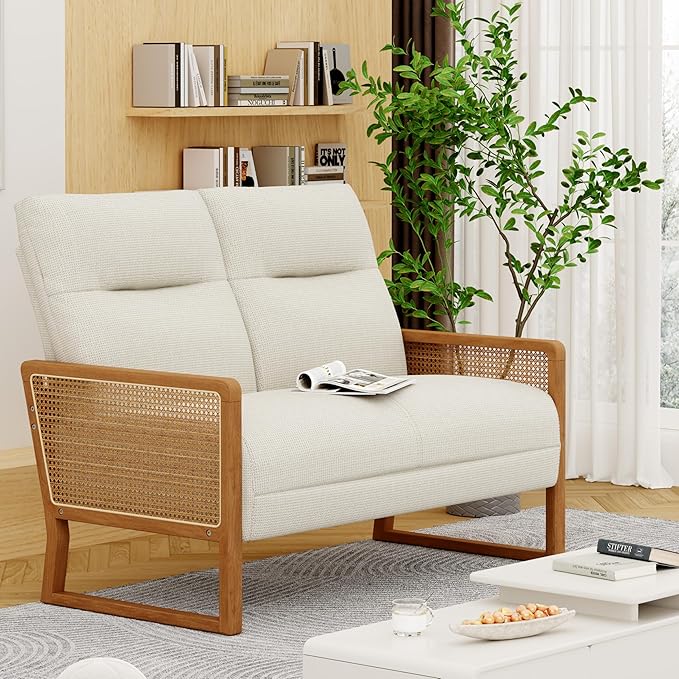 HAOBO Home Small Loveseat Sofa Mini Couch Upholstered Settee Bench with Rattan Arms Linen Small Sofa Couch for Living Room Dining Room Bedroom Funiture