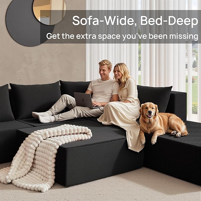 YINIX 140 Modular Sectional Sofa Couches Corduroy Sleeper Deep Seat Sofa Bed Comfy Cloud Couch for Living Room Floor Sofa 6 Piece Free Combination Compression Sofa Black