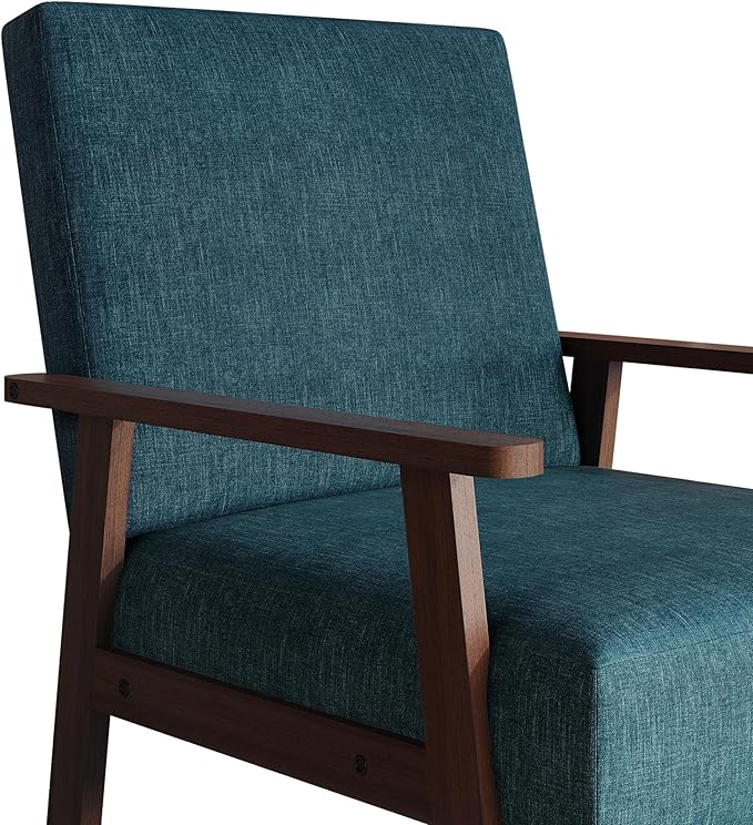Mid-Century Modern Accent Chair Linen Upholstery Wooden Armrests Cushioned Seat Easy Assembly Blue