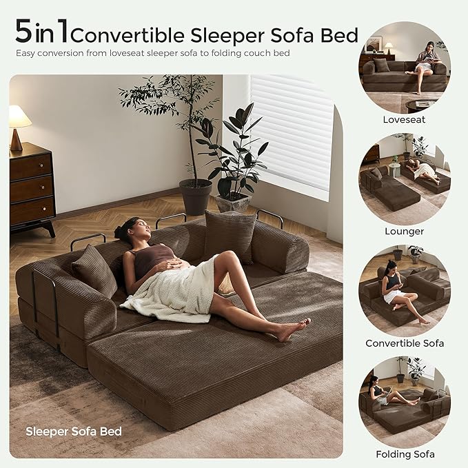 79 Convertible Sofa Bed with Fixed-Shape Frame &amp Removable Armrests Modular Corduroy Sleeper Sofa Folding Mattress Couch for Small Spaces - No Assembly Needed in Brown (Includes 2 Pillows)