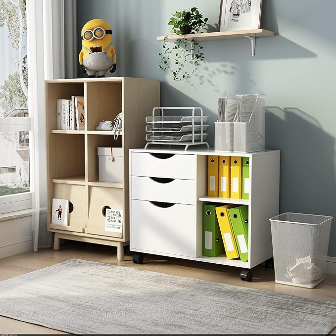 QDSSDECO 3-Drawer with Shelf Wood File Cabinet Mobile Lateral Filing Cabinet with Rolling Wheel Printer Stand and Open Adjustable Storage Shelves for Home Office White