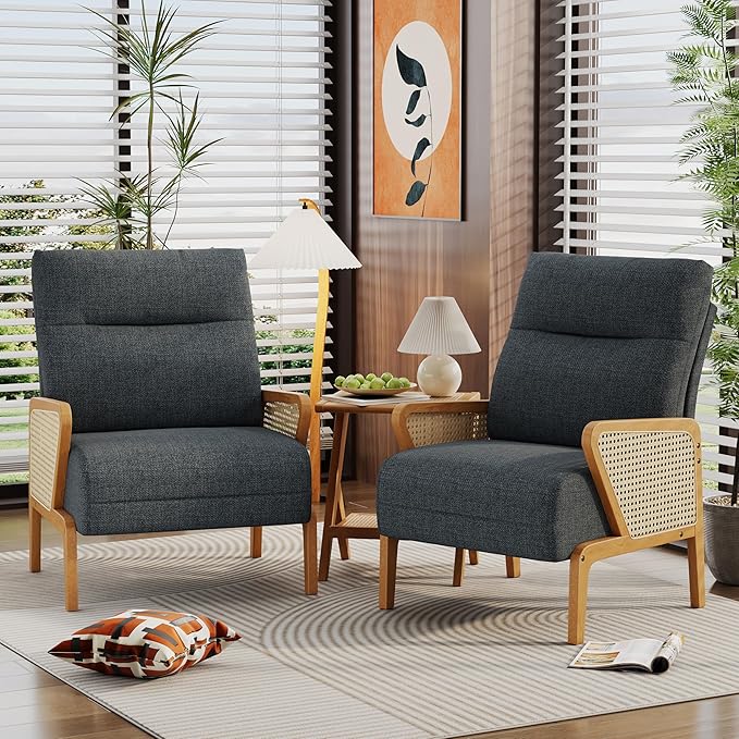 Alunaune Upholstered Living Room Chairs Accent Chair Armchair Natural Rattan Modern Slipper Club Chair Guest Reception Couch Comfy Single Sofa for Reading Bedroom-Dark Grey