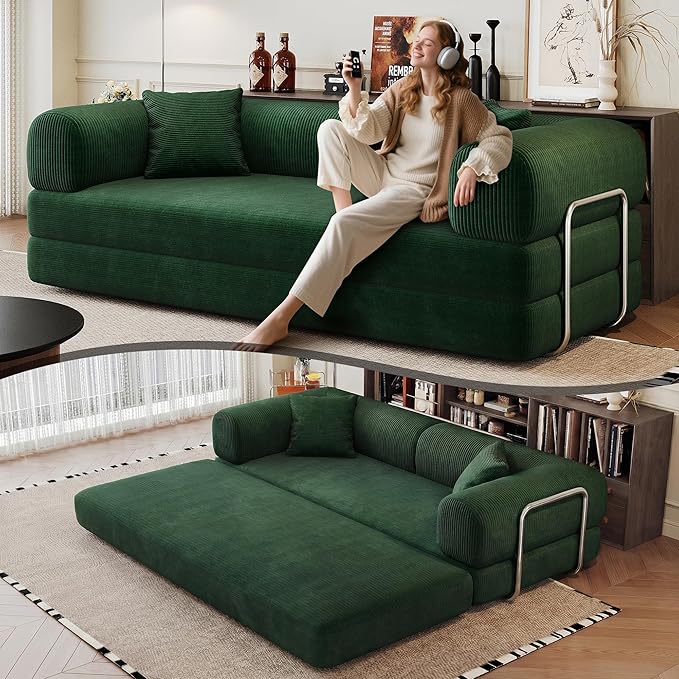 Convertible Sleeper Sofa Bed Corduroy Floor Couch Bed with Silver Fixed-Shape Frame Modern Modular Sofa with Pull Out Bed Loveseat Sleeper Boneless Couch for Living RoomGreen