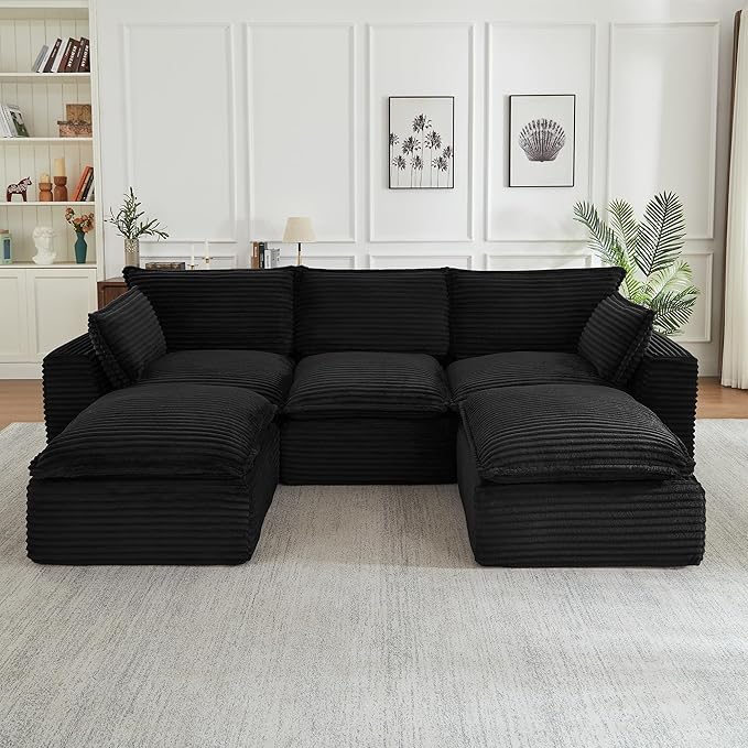 Modern U Shape Boneless Couch 109.4 Modular Sectional Sofa with 2 Ottoman Comfy Corduroy Cloud Sofa with Deep Seat &amp Double-Layer Cushion Convertible 5 Seater Sleeper Couches for Living RoomB