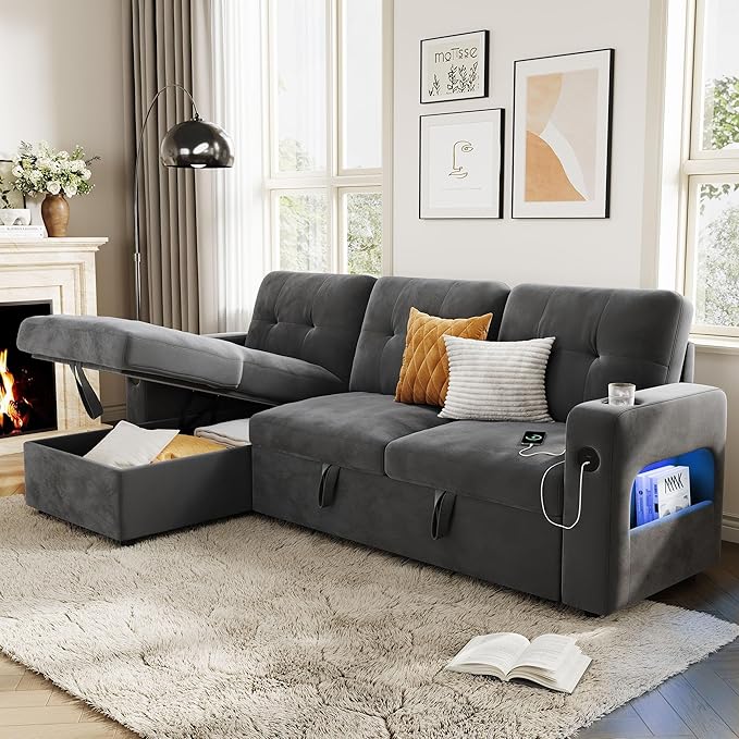 IDEALHOUSE 84 Sleeper Sofa with Storage &amp Charging Station Convertible Sectional Couch Bed with LED Lights Reversible Chaise Pull Out Sofa Bed for Living Room Apartment Velvet Dark Grey