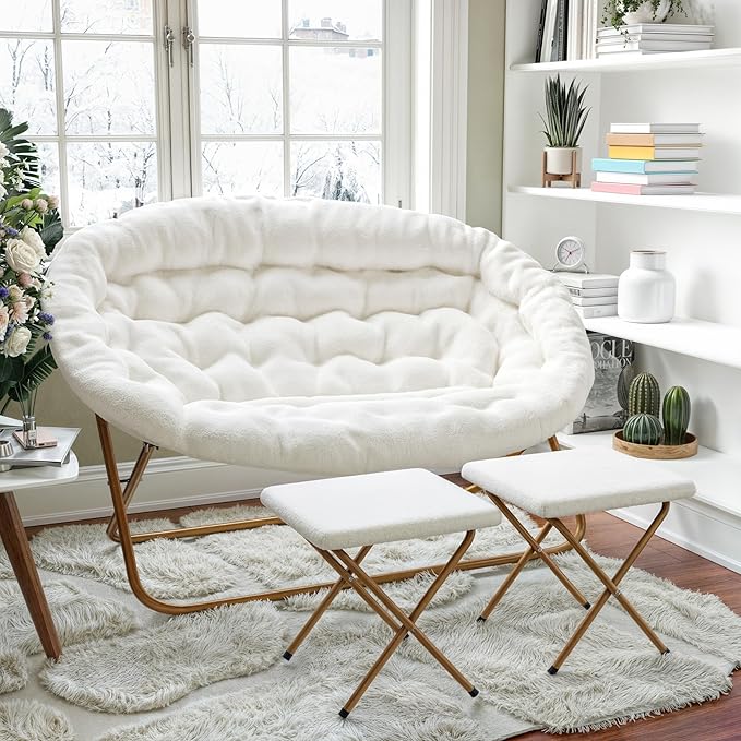 Flash Furniture Eleanor Portable Double Saucer Chair with 2 Ottomans Folding Steel Frames for Dorm or Bedroom 56 Ivory Faux Shearling/Soft Gold Frame