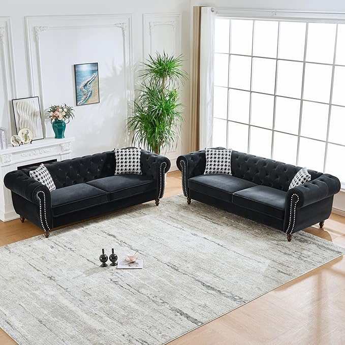 KEIKI Modular Chesterfield Velvet Sofa Couch Set Mid Century Modern 6 Seater Couches w/Roll Armrest &amp Nailhead Comfy Sleeper Cloud SofaBed for Office Apartment Living Room Easy Assembly Black