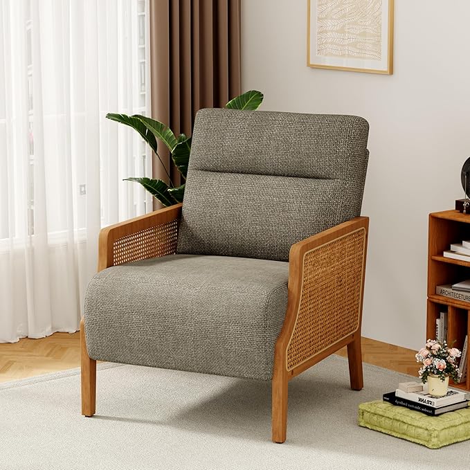 WENTMENT Modern Accent Chair Armchair with Natural Rattan Armrest Upholstered Living Room Chair Comfy Single Sofa Chair for Hosting Room/Bedroom Grey