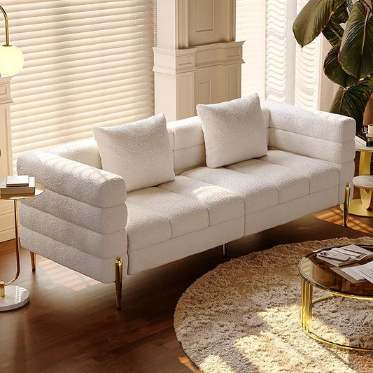 homary Sofa 79 Boucle Upholstered Sofa Modern White Couches for Living Room 3 Seater Sofa Couch with Pillows (Boucle White &amp Gold)