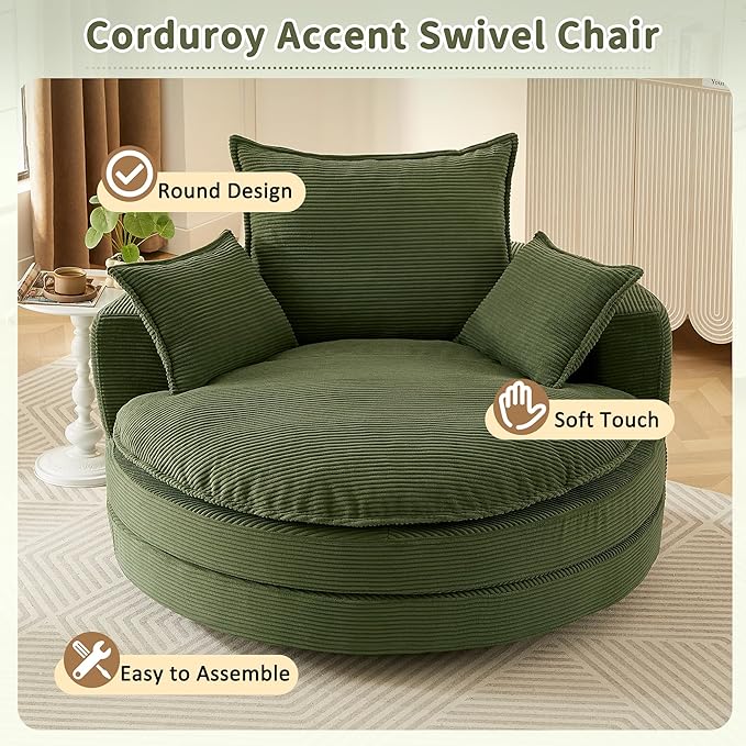 360° Swivel Accent Chair 57.5 Round Barrel Chair with Dual-Layer Cushion &amp 3 Removable Pillows for Living Room Bedroom Office Hotel Green