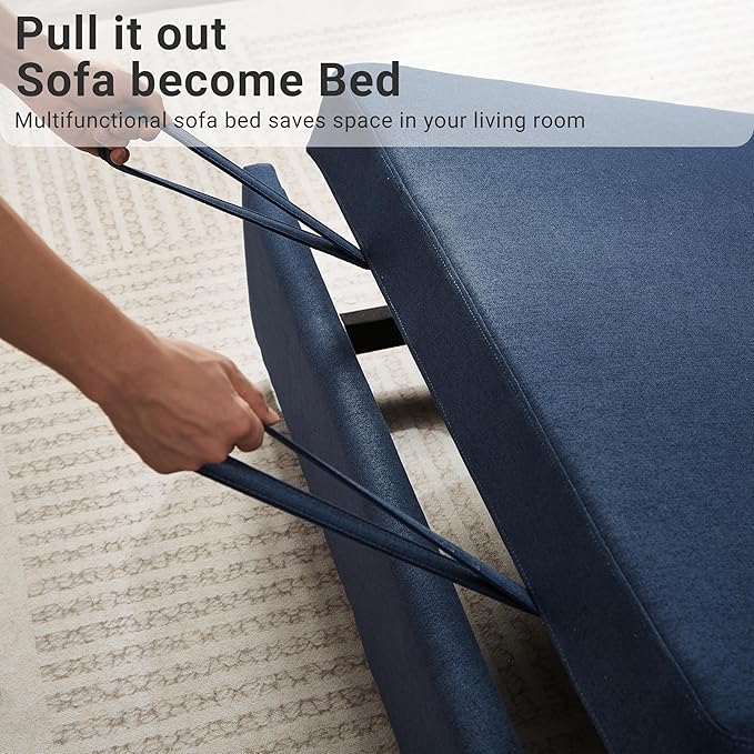 55.5 Fabric Convertible Sofa Bed Pull Out Sleeper Sofa Bed Loveseat Couch with Side Pocket 3 in 1 Convertible Sleeper Sofa Bed for Living Room Apartment Bedroom RV Navy Blue