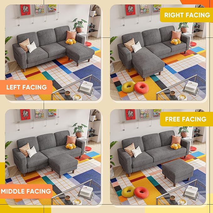 YESHOMY Couches for Living Room Sofa with Movable Ottoman Small Couch with Reversible Chaise and Side Pockets L Shaped Couch for Small Space Apartment (Corduroy Grey)