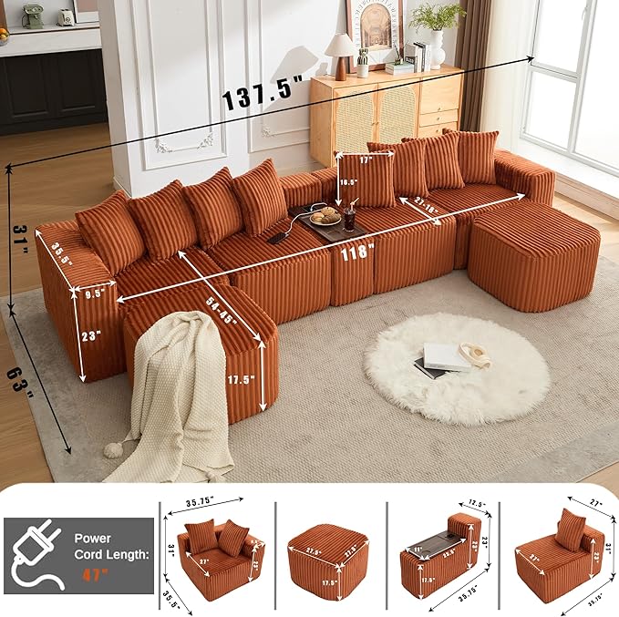KEIKI 137.5 Modular U Shaped Sofa Oversized Corduroy Sectional Couch with Movable Footstool Cup Holders Wireless Charging Board Flexible No Assembly Sofa for Apartment or Loft
