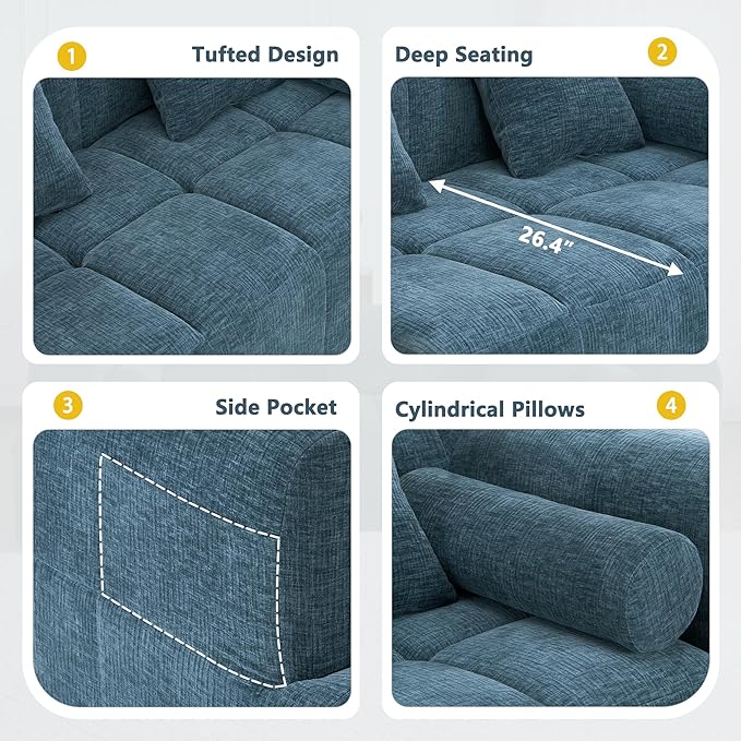 101.2 Sectional Sofa Full-Compressed Sofa Modular Sofa Couch Free-Combined with Deep Seating and Two Side Pockets for Living Room (Blue@90)