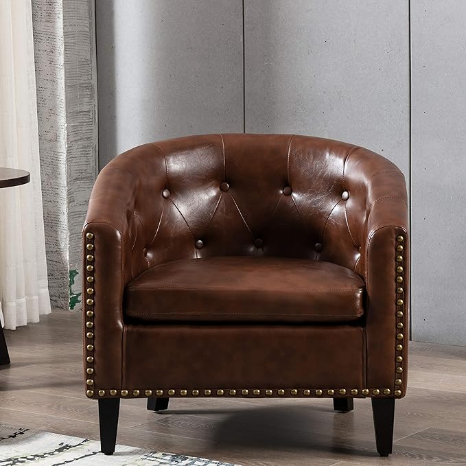 Generic PU Leather Tufted Barrel ChairTub Chair for Living Room Bedroom Club Chairs Dark Brown