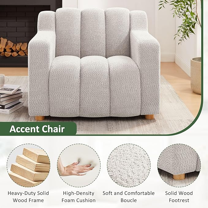 VANOMi Oversized Accent Chair Modern Living Room Chairs Comfy Boucle Fabric Upholstered Armchair for Bedroom Office Waiting Room (Beige)