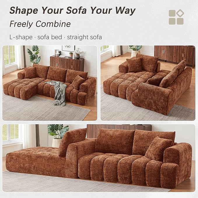 108 L-Shaped Sectional Sofa Compressed Boneless Cloud Couch with Left Chaise &amp Pillows Chenille Upholstered 4-Seater Modular Sofa for Living Room No Assembly Sienna Orange
