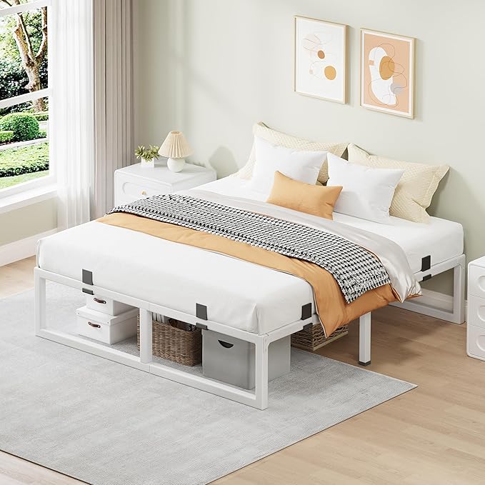 King Size Bed Frame 18 Inch Metal Platform Bed Frames with Squeak Free U-Slot Design 6 Non-Slip Guards 3500lbs Heavy Duty Steel Slat Support No Box Spring Needed Under Bed Storage White