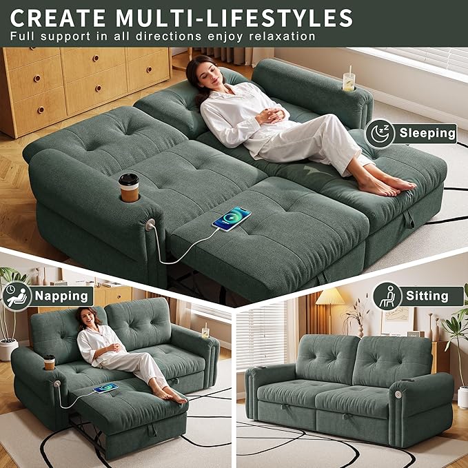 healthomse 77 Queen Size Sofa Bed 3-in-1 Convertible Sleeper Sofa Bed with Adjustable Backrest Modern Chenille Couch with Cup Holder and USB Ports for Living Rooms Bedrooms Small Spaces