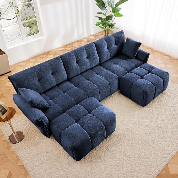 Aoowow Modular Sectional Sofa with Movable Ottoman 110.2” Chenille U Shaped Sofa Couch Upholstered Comfy 3-Seater Couches with Pillows for Living Room Apartment OfficeBlue