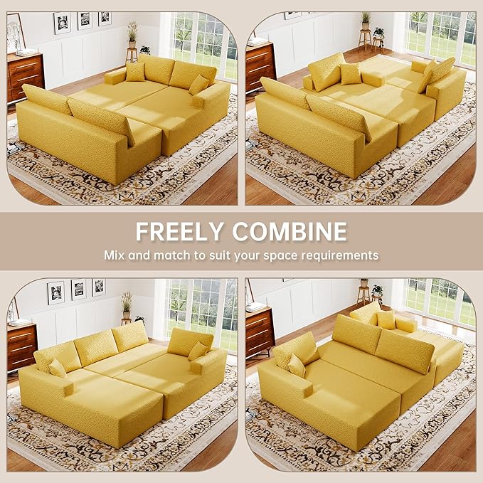 140 U-Shaped Modular Sectional Sofa for Living Room3 Seater Cloud Sectional Couch with Chaise LoungeDeep Seat with PillowsNo Assembly Required (Yellow)