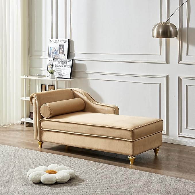 60.6 Velvet Chaise Lounge Sleeper Sofa with Large Hidden Storage &amp Lumbar Pillow Upholstery Tufted Lounge Chair Indoor with Gold Metal Legs &amp Armrest Reclining Sofa Chair for Living RoomBe