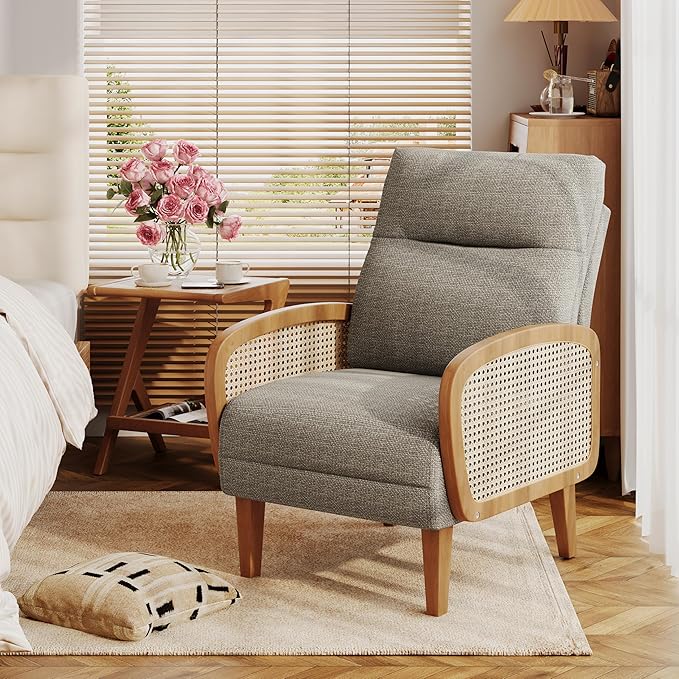 Andeworld Accent ChairUpholstered Modern Living Room Chairs with Natural Rattan Arm Linen Fabric Arm Chair with Wooden Legs for Bedroom Club Balcony Reception Taupe